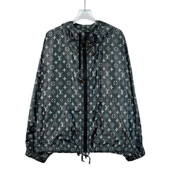 Louis Vuitton Black & Gray Logo Print Hooded Zipper Jacket 38 S Polyester/Silk - Picture 1 of 7